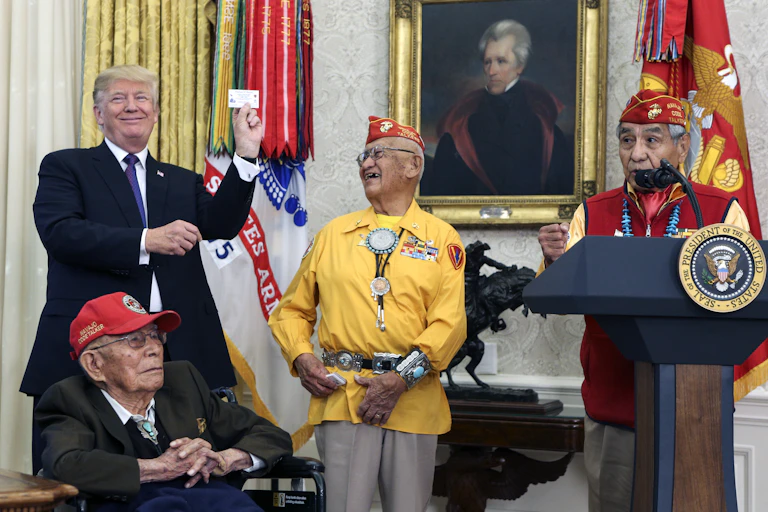 US president Donald Trump at the White House with veterans of the Native American code talkers, November 2017.