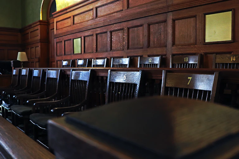 Jury seat in court room.