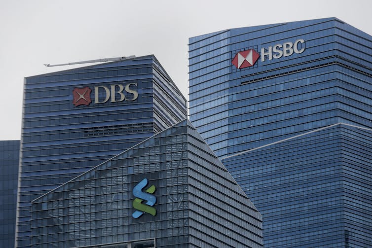 Skyline of Hong Kong showing major banks.