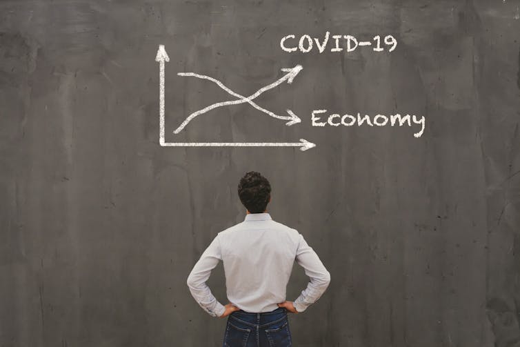 Businessman examines blackboard showing drawing of business performance falling as COVID rates rise