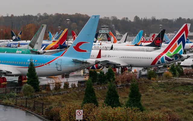 Boeing 737 MAX airplanes stored in a parking lot in Seattle, Washington, USA, November 18 2020.