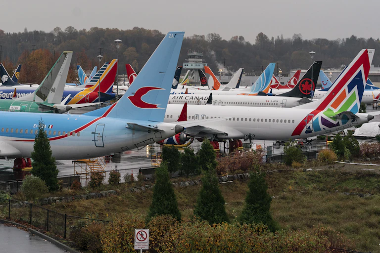 Boeing 737 MAX airplanes stored in a parking lot in Seattle, Washington, USA, November 18 2020.