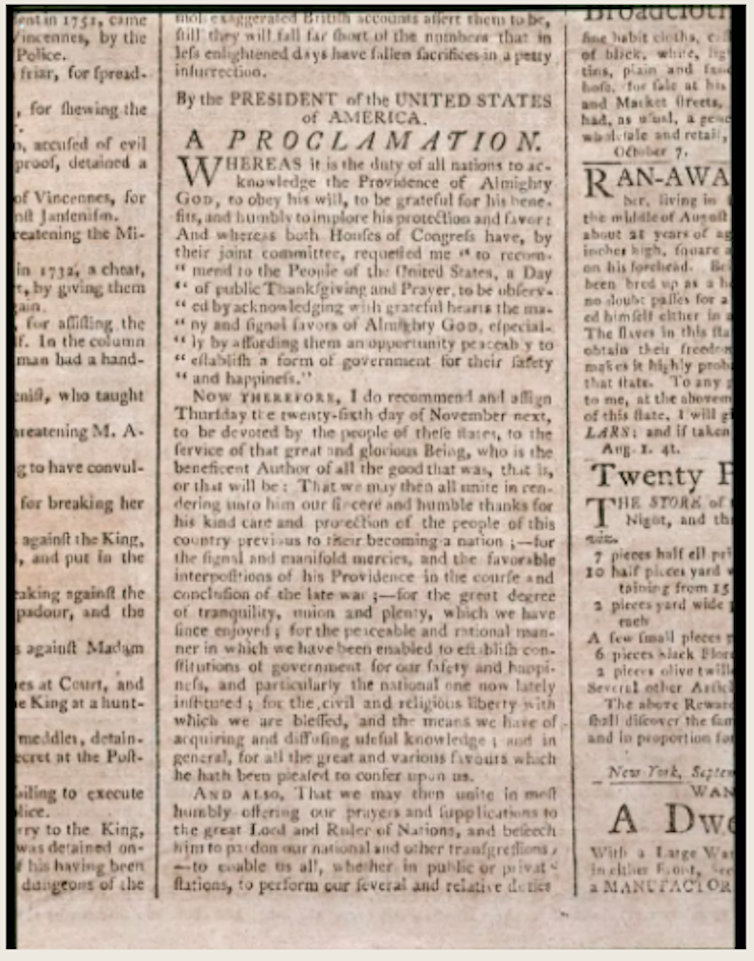 Washington's proclamation as printed in a newspaper of the time