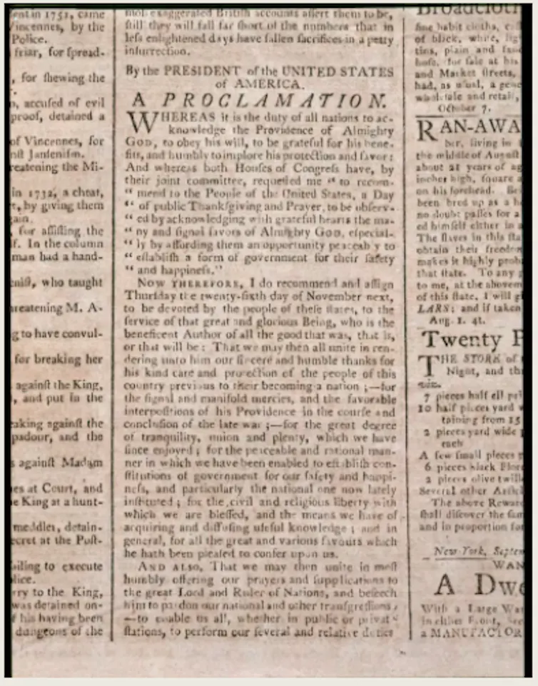 Washington's proclamation as printed in a newspaper of the time