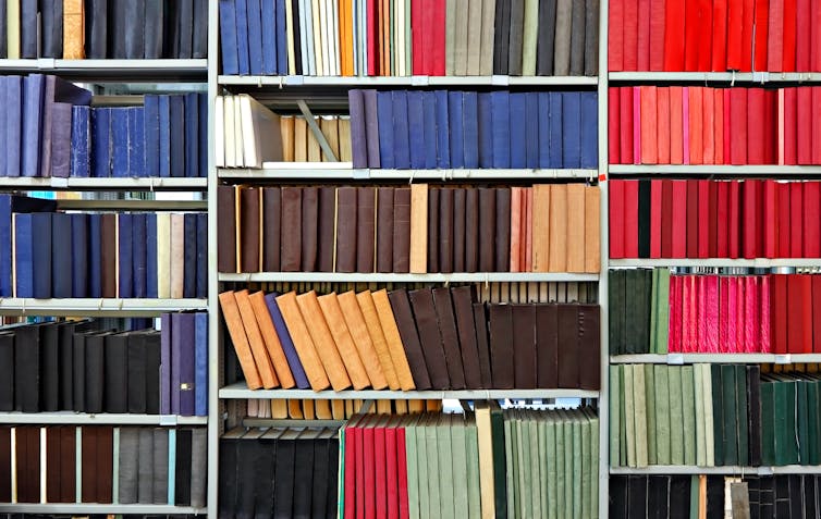 Shelves of journals in a library.