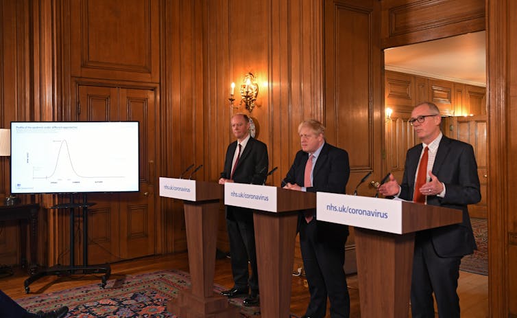 UK government press briefing with Prime Minister Boris Johnson, flanked by Chris Whitty and Patrick Vallance.