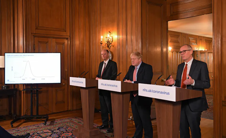 UK government press briefing with Prime Minister Boris Johnson, flanked by Chris Whitty and Patrick Vallance.