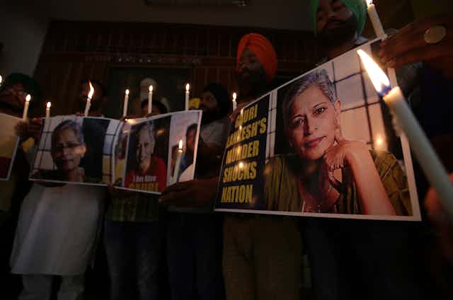 Indian women protesting the murder of journalist Gauri Lankesh, Amritsar, 2017.