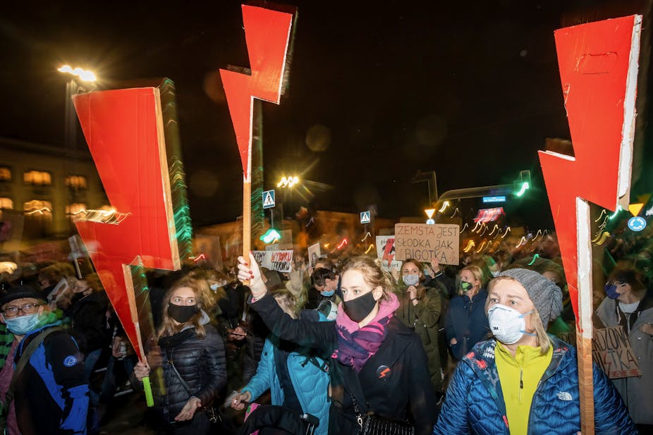 Tens of thousands take part in protest against against the tightening of Poland's already restrictive abortion law in Warsaw on October 30, 2020.