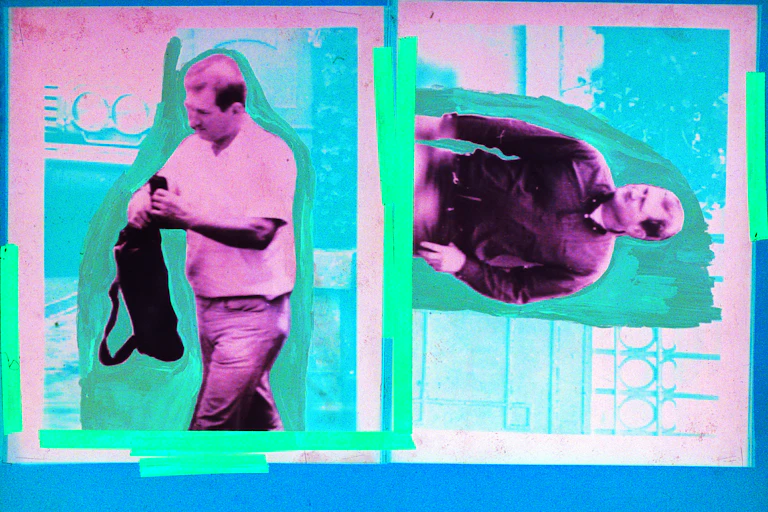 Technicolored surveillance photo of a man in white t-shirt and jeans