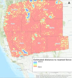 Map showing the density of fencing in the western U.S.