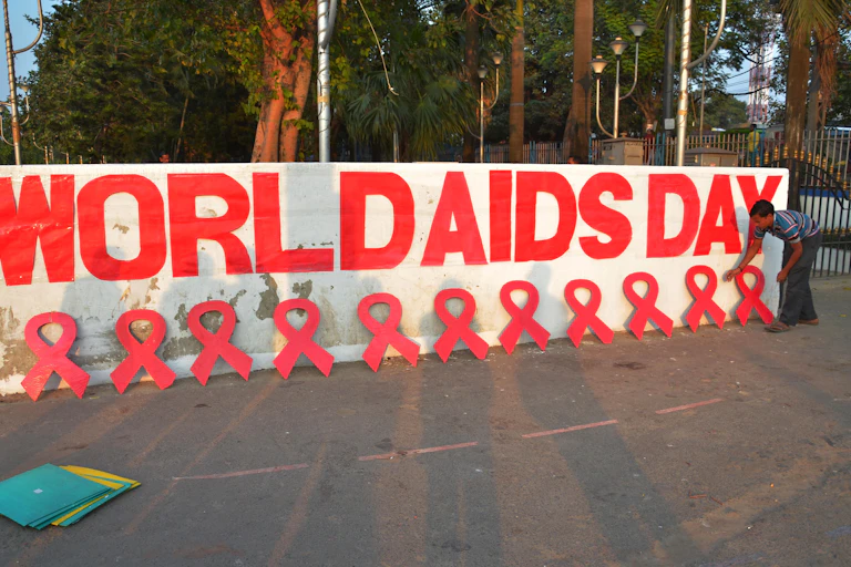 Man arrange red ribbon symbols in front of World AIDS Day mural.