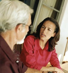 Woman not liking what shes hearing from man