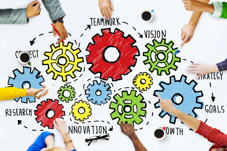 Concept graphic of cogs working together and representing various leadership values.