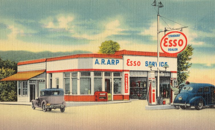 Illustration of an old Esso gas station.