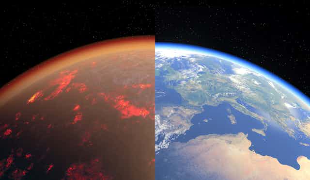 An illustration showing Earth from space. Half of the image shows the glowing, reddish atmosphere of the early Earth, half shows it as it is today.