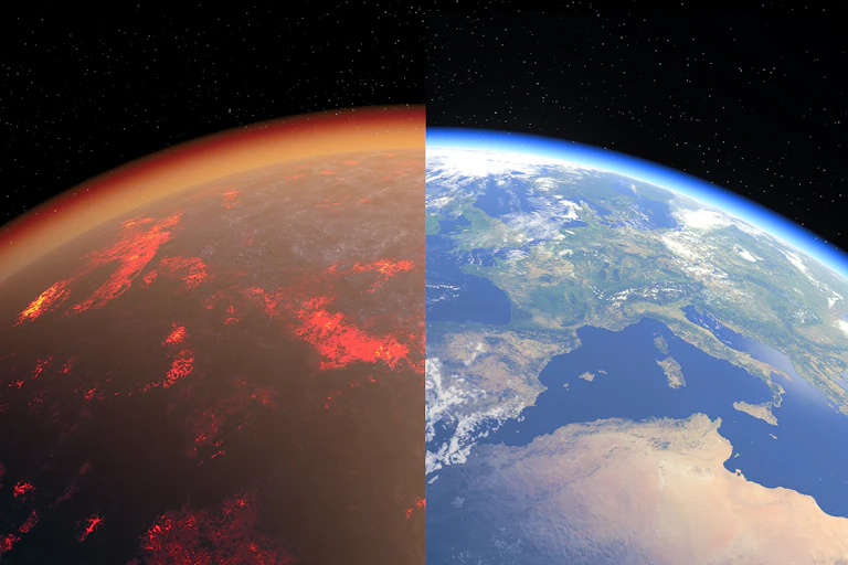 An illustration showing Earth from space. Half of the image shows the glowing, reddish atmosphere of the early Earth, half shows it as it is today.
