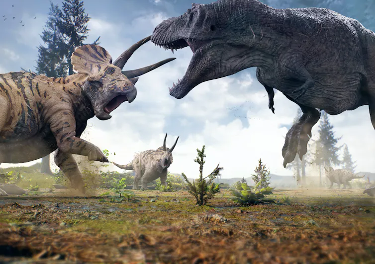 3D rendering of _T. rex_ facing off against a _Triceratops_ herd.