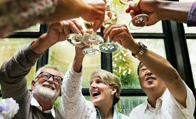 A group of adults clinking wine glasses.