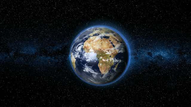 Image of the planet Earth centred on continent of Africa on dark space background. 