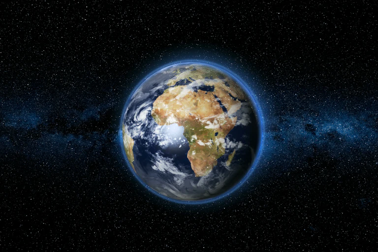 Image of the planet Earth centred on continent of Africa on dark space background.