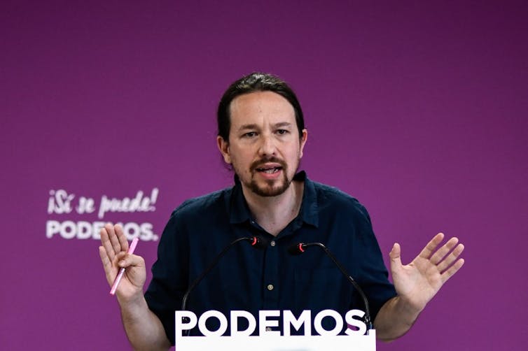 Le leader du parti d’extrême gauche Podemos, Pablo Iglesias, donne une conférence de presse à Madrid, le 27 mai 2019