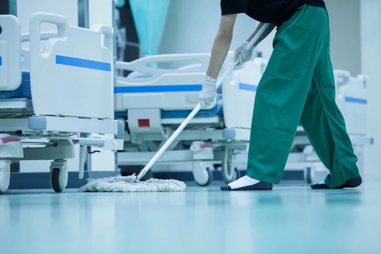 Cleaner mopping hospital floor.