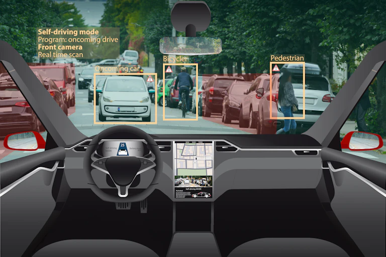 Illustration of a self-driving car front windshield with potential hazards identified