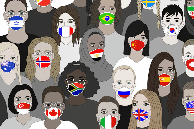 Cartoon people with flag masks