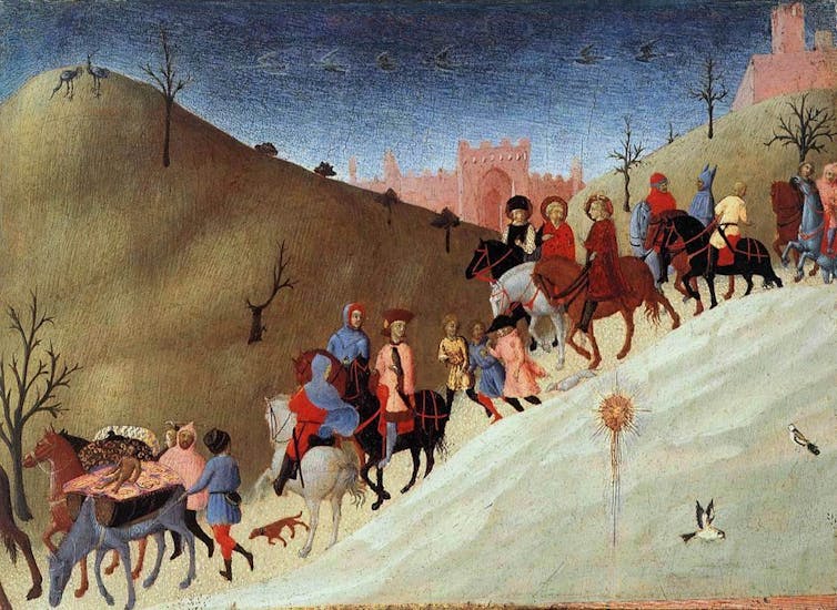 Painting of the wise men travelling through desert.