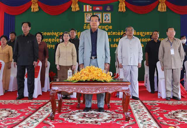 Cambodian prime minister Hun Sen presides over a groundbreaking ceremony for a new bridge, October 2020.
