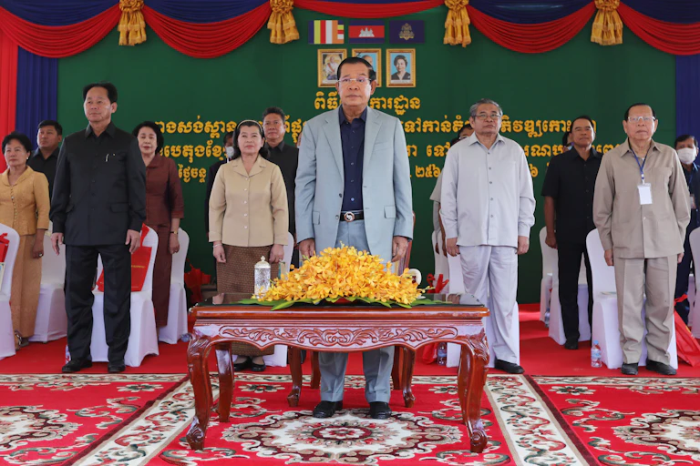 Cambodian prime minister Hun Sen presides over a groundbreaking ceremony for a new bridge, October 2020.