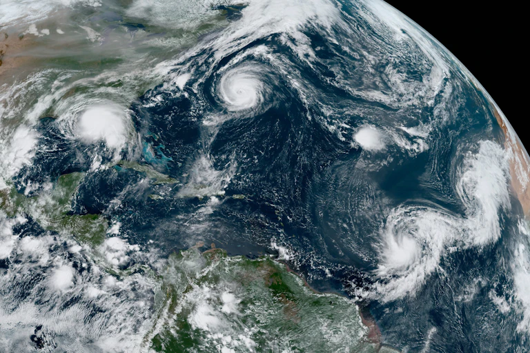 Satellite image of five tropical storms across the Atlantic at once.