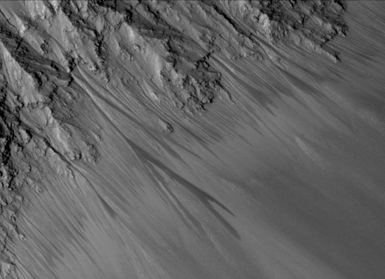 Dark streaks on a Mars canyon wall, which may be most.