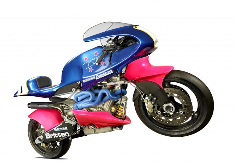 Very fast blue and pink motorbike