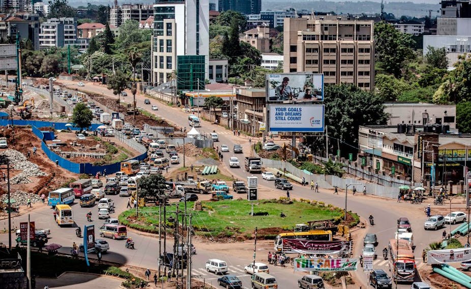 Nairobi city centre bustling with traffic and construction work.