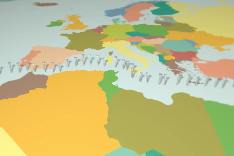 mapa político del Mediterráneo con una línea de tornillos a modo de frontera entre el norte y el sur.
