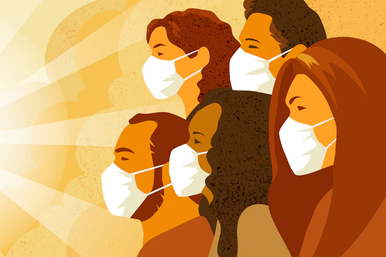 Illustration of people in masks looking to future