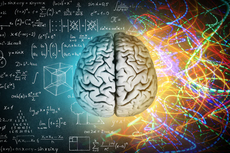 Ilustración del cerebro con un lado sobre fórmulas matemáticas y el otro sobre curvas de colores.