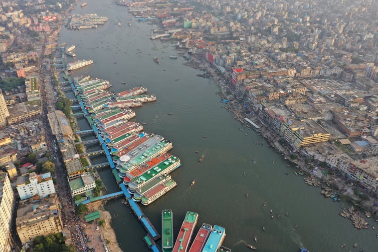 Aeriel view of the Buriganga River in Dhaka, Bangladesh.