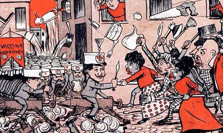 Cartoon of an army of people in Red Cross uniforms confronting a mixed-race crowd of people using brooms and other household items as weapons