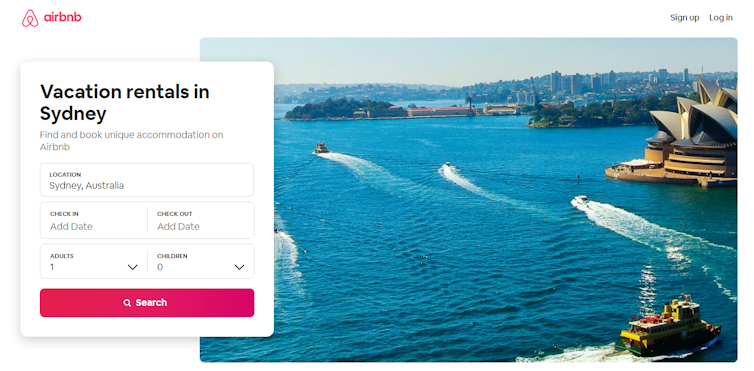 Airbnb home page for Sydney