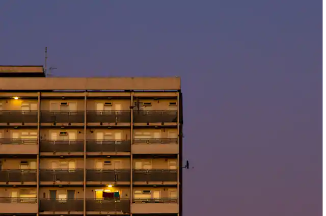 View of a tower block at dusk.