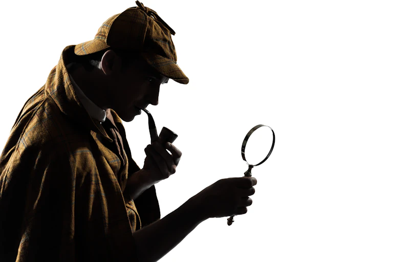 Silhouette of man with deerstalker hat, pipe and magnifying glass.