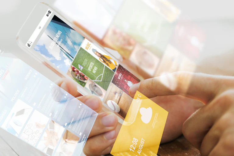 Close up of male hand holding transparent smartphone with internet news web page on screen