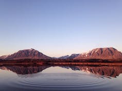 A pond with circular ripples against a mountain backdrop.