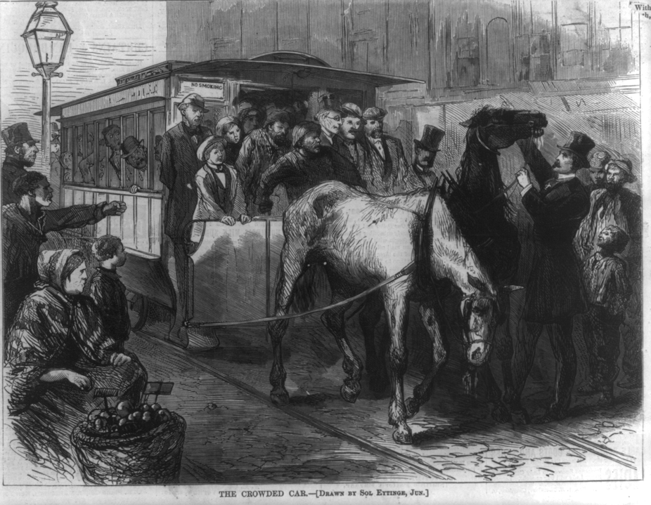 illustration of man stopping horse-drawn streetcar
