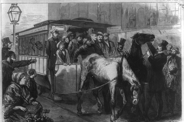 illustration of man stopping horse-drawn streetcar