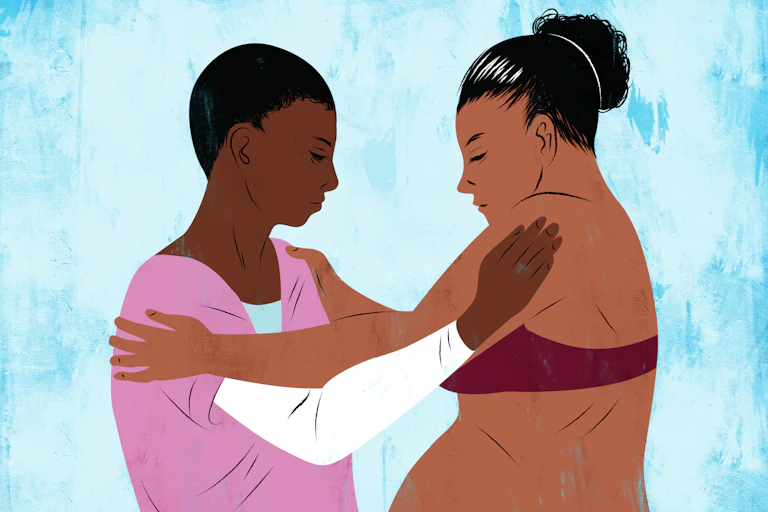 A cartoon depicts a midwife helping a woman giving birth.