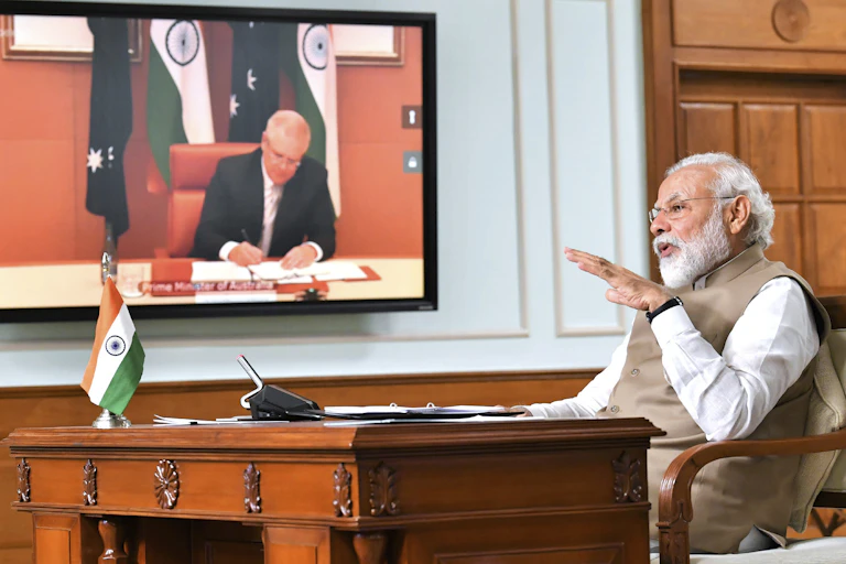 Australian and Indian prime ministers in a video meeting